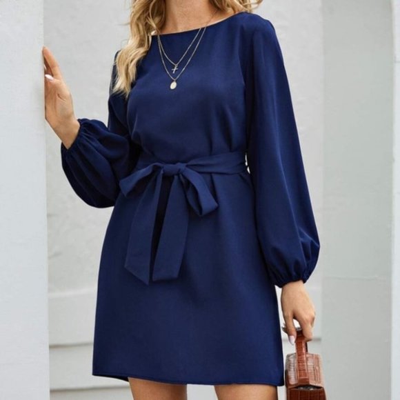 Blue lantern long sleeve belted mini dress busines - Picture 3 of 7